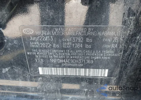 2013 Hyundai Elantra Gls z USA, uszkodzony, nr VIN 5NPDH4AE9DH371369